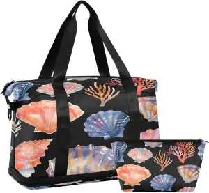 Watercolor Seashell Corals Seamless Pattern Border Travel Duffel Bag Waterproof Gym Sport Tote Bag Carry On Weekender Bag with Compartment