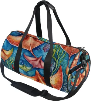 Watercolor Stingray Fish and Coral Gym Duffle Bag Women Men Sports Fitness Bag for Travel Workout Gymnastics Dance Ballet