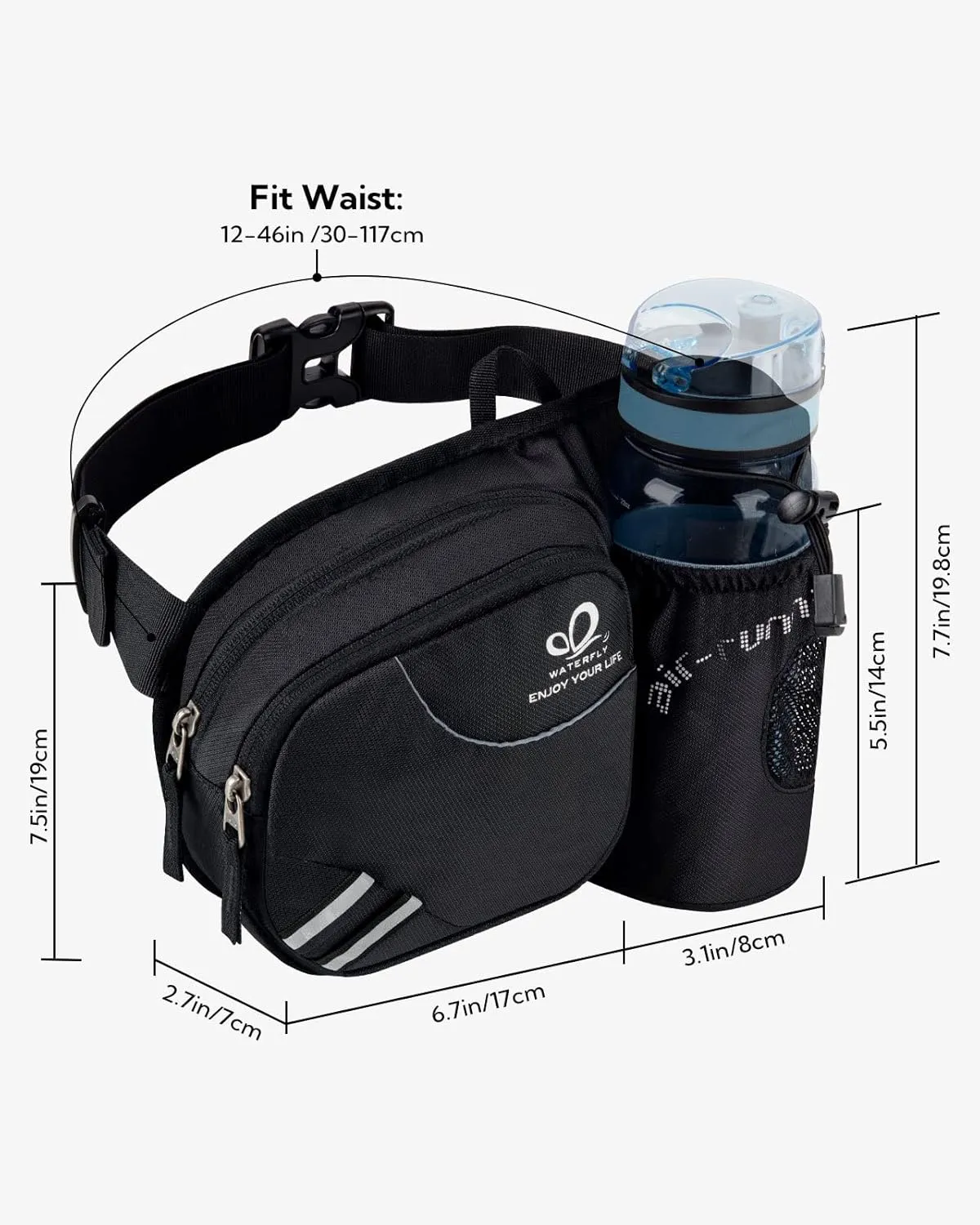WATERFLY Fanny Pack Waist Bag: Waist Pack for Women Men with Water Bottle Holder Hiking Fanny Pack for Running Walking DogWalking Travel Cycling