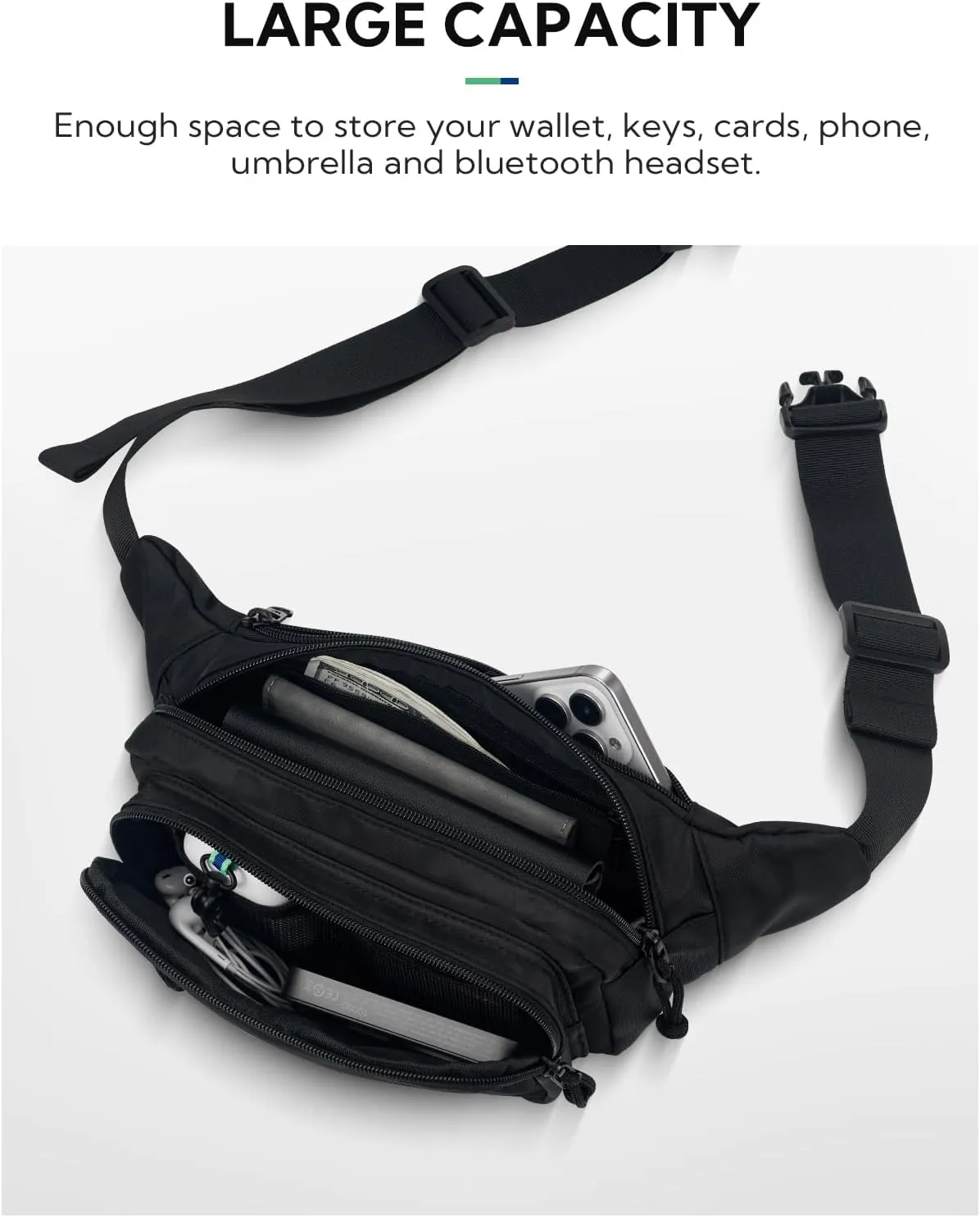 WATERFLY Fanny Pack Waist Packs: Large Crossbody Fanny Packs for Women Men with 5 Zipper Pockets Adjustable Strap Waist Bags Hip Pack for Traveling Cycling Running Hiking-Black