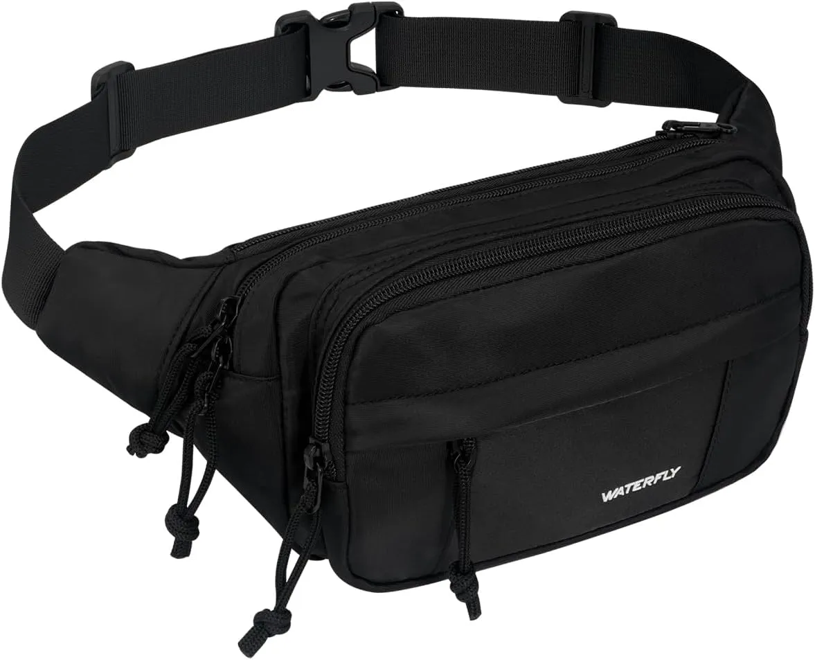 WATERFLY Fanny Pack Waist Packs: Large Crossbody Fanny Packs for Women Men with 5 Zipper Pockets Adjustable Strap Waist Bags Hip Pack for Traveling Cycling Running Hiking-Black
