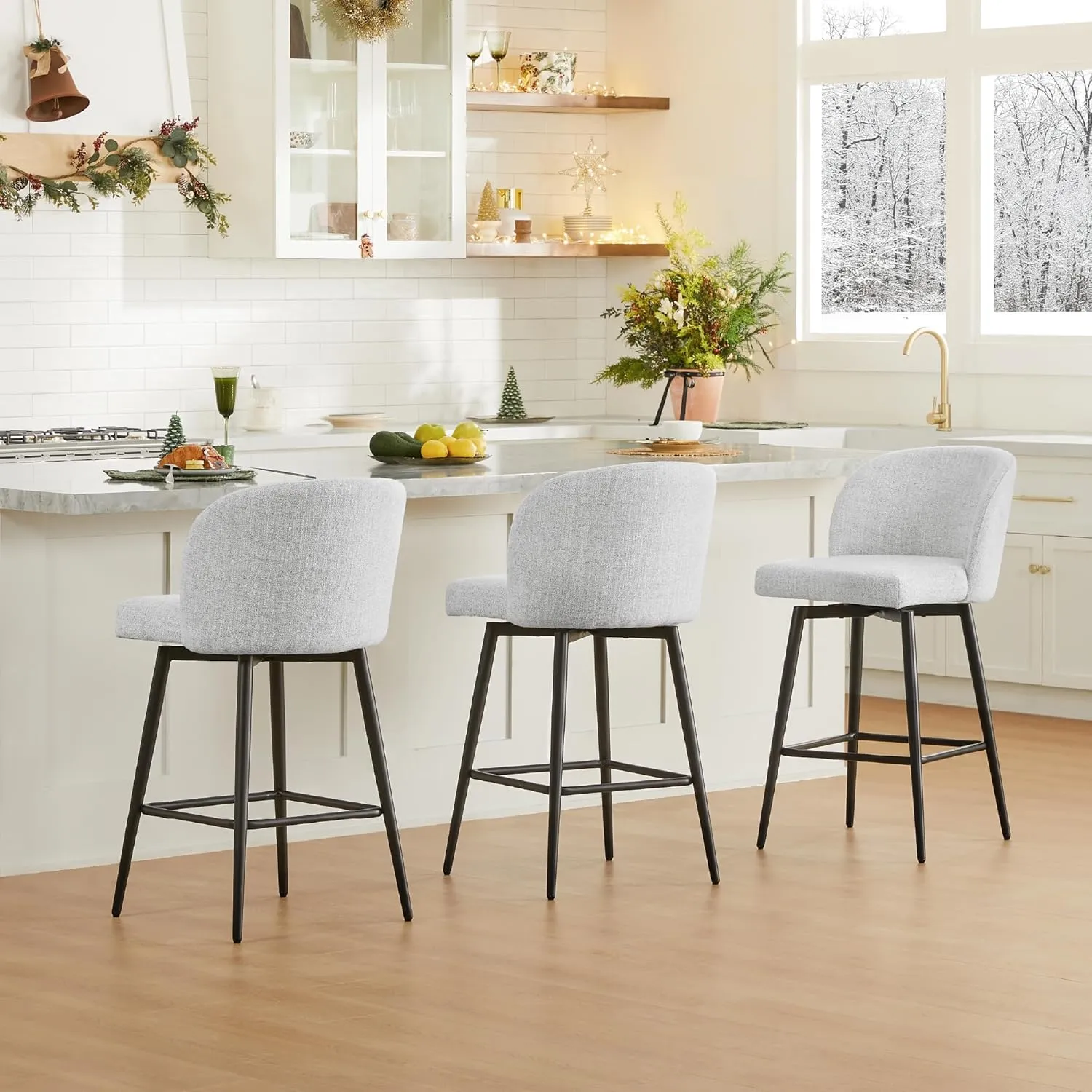 Watson & Whitely Counter Height Bar Stools Set of 2, 360° Swivel Upholstered Barstools with Backs and Metal Legs, 26" H Seat Height, Fabric in White (Multi-Colored)