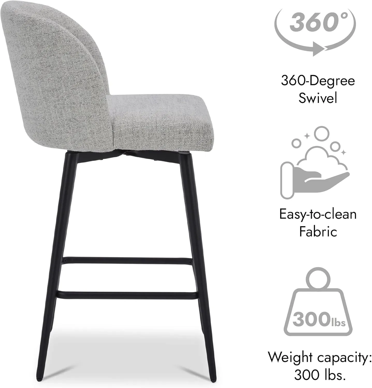 Watson & Whitely Counter Height Bar Stools Set of 2, 360° Swivel Upholstered Barstools with Backs and Metal Legs, 26" H Seat Height, Fabric in White (Multi-Colored)