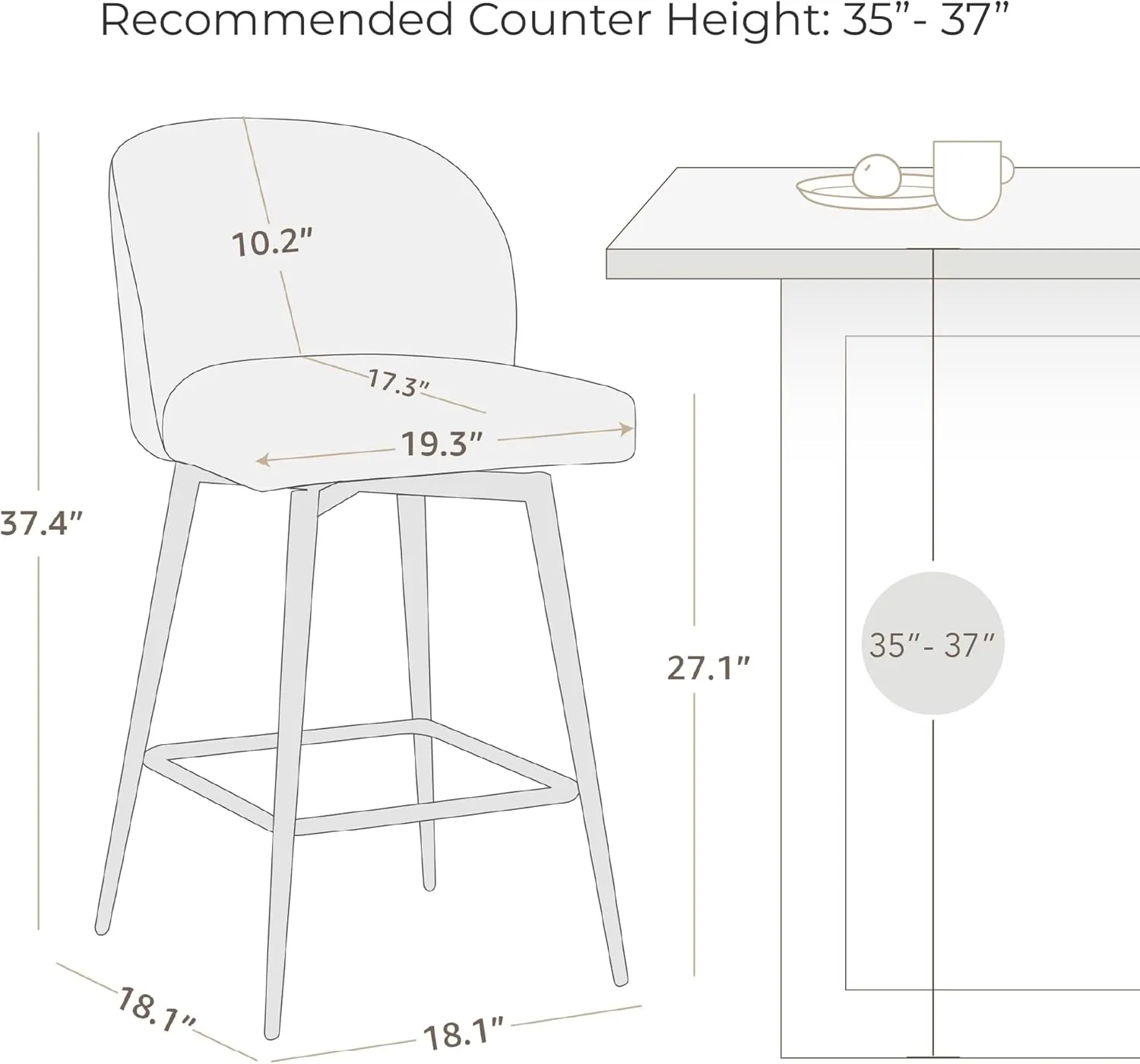 Watson & Whitely Counter Height Bar Stools Set of 2, 360° Swivel Upholstered Barstools with Backs and Metal Legs, 26" H Seat Height, Faux Leather in Grey