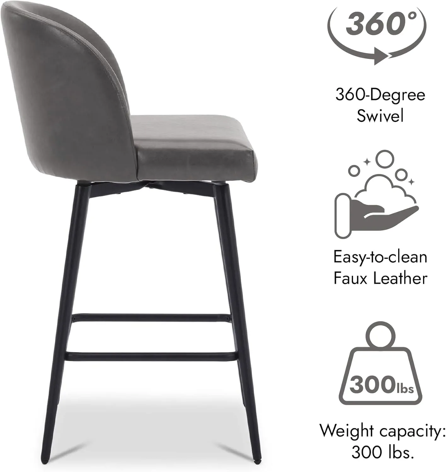 Watson & Whitely Counter Height Bar Stools Set of 2, 360° Swivel Upholstered Barstools with Backs and Metal Legs, 26" H Seat Height, Faux Leather in Grey