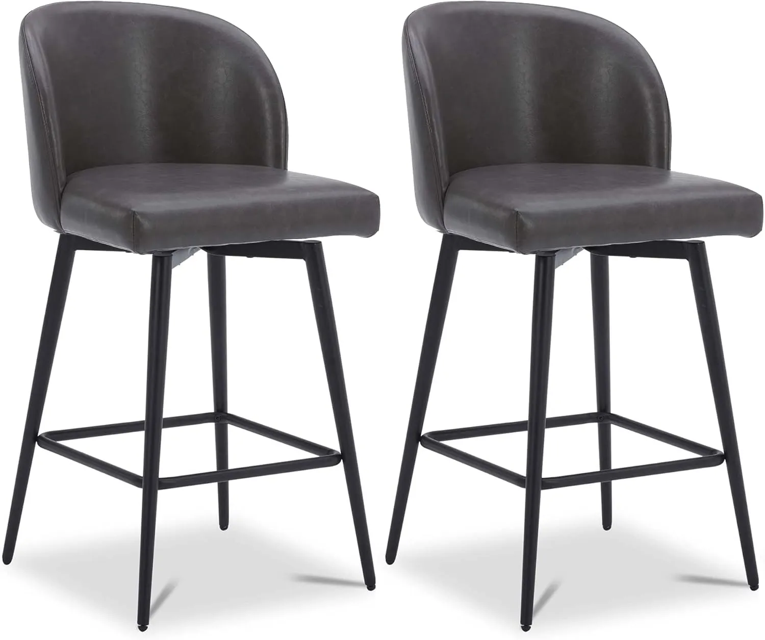 Watson & Whitely Counter Height Bar Stools Set of 2, 360° Swivel Upholstered Barstools with Backs and Metal Legs, 26" H Seat Height, Faux Leather in Grey