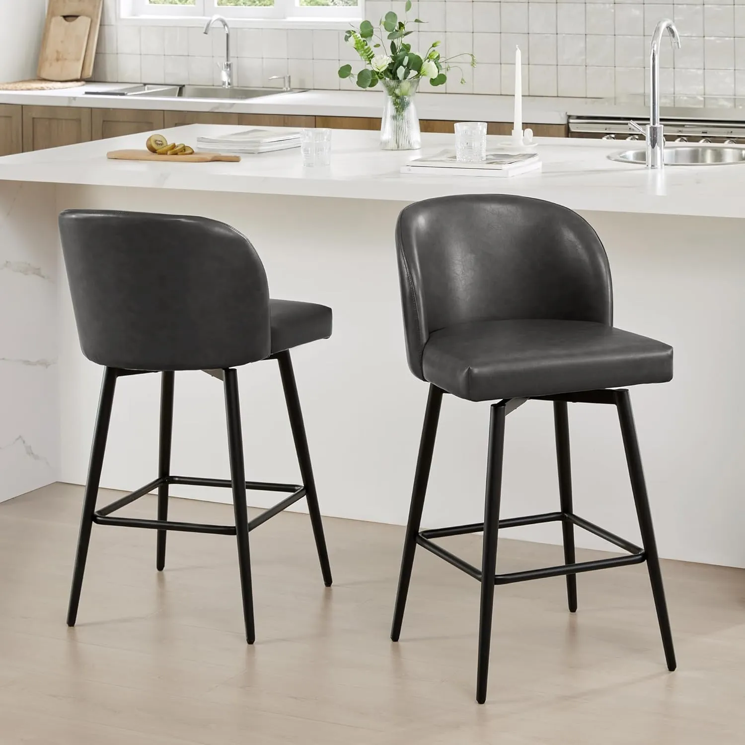 Watson & Whitely Counter Height Bar Stools Set of 2, 360° Swivel Upholstered Barstools with Backs and Metal Legs, 26" H Seat Height, Faux Leather in Grey