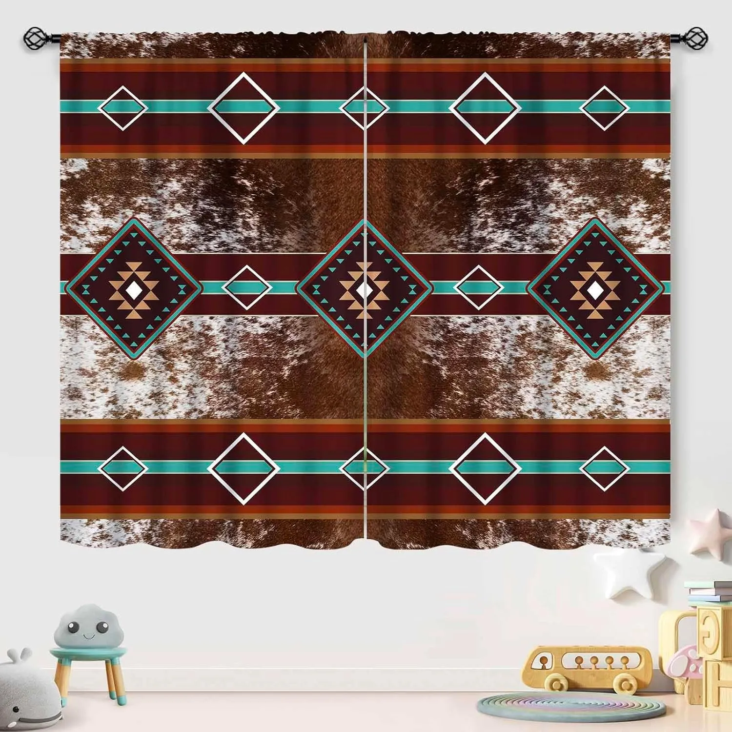 Western Curtain,Southwestern Farmhouse Cow Print Curtains for Bedroom Living Room Kitchen,Aztec Retro Geometric Stripes Drapes Treatments 2 Panels,42X54 Inch