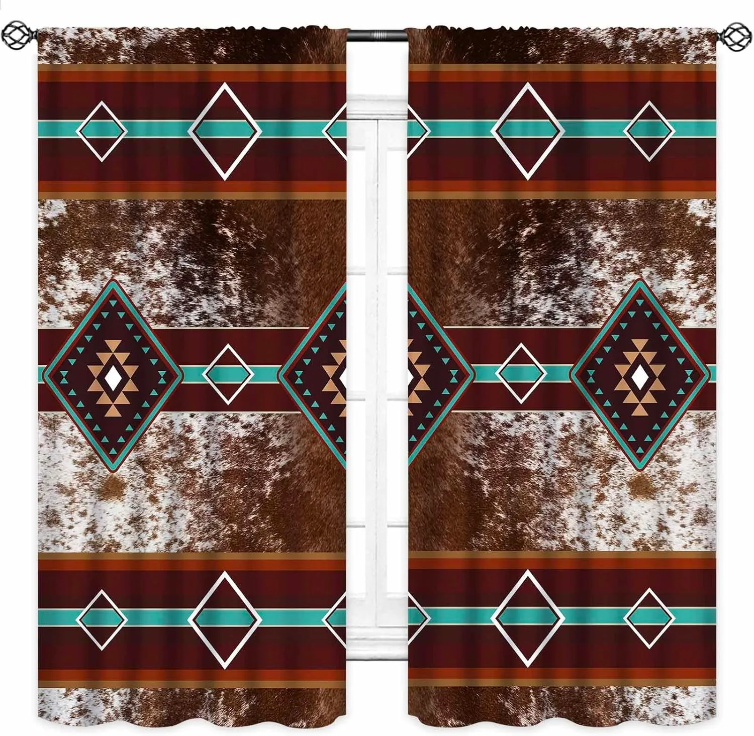 Western Curtain,Southwestern Farmhouse Cow Print Curtains for Bedroom Living Room Kitchen,Aztec Retro Geometric Stripes Drapes Treatments 2 Panels,42X54 Inch
