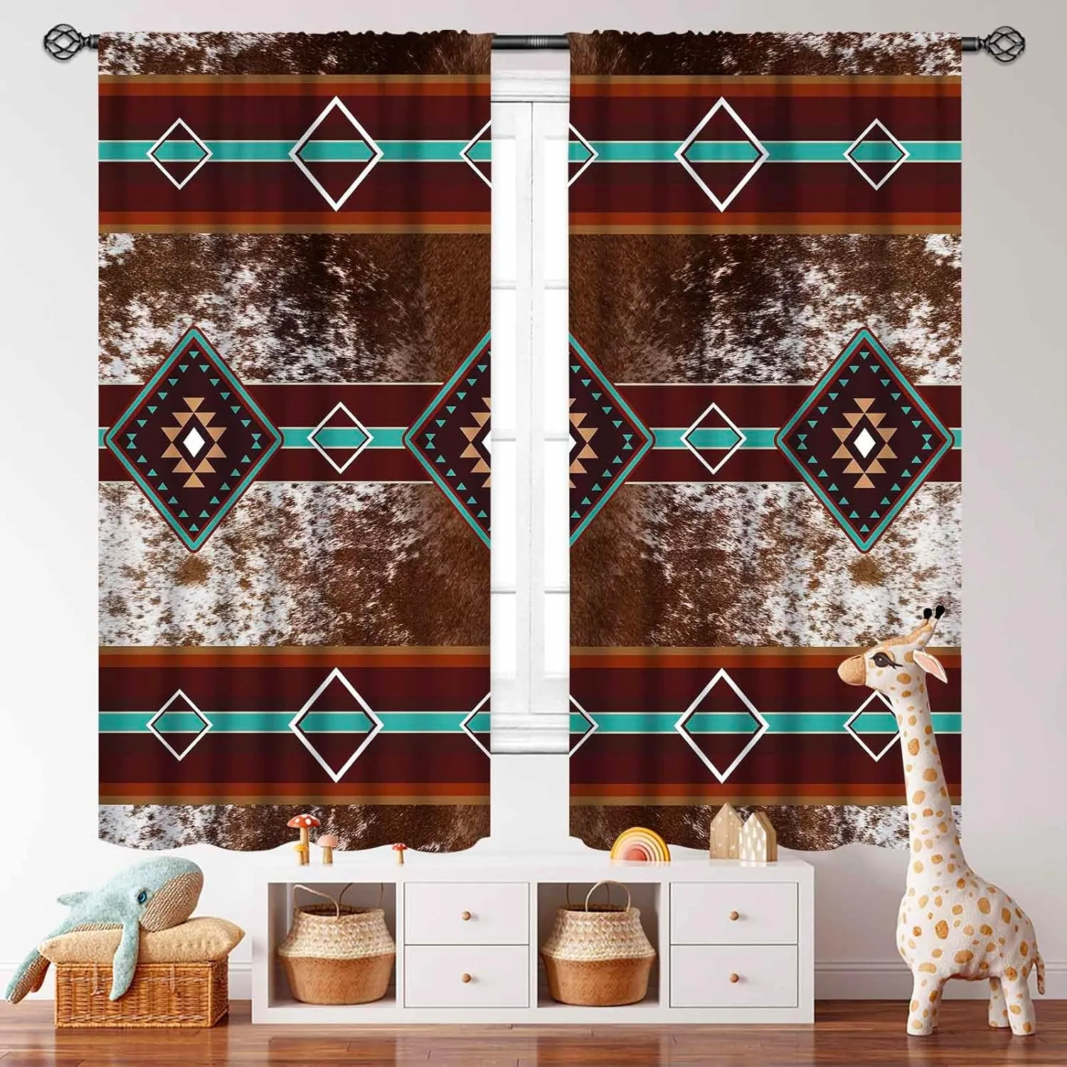 Western Curtain,Southwestern Farmhouse Cow Print Curtains for Bedroom Living Room Kitchen,Aztec Retro Geometric Stripes Drapes Treatments 2 Panels,42X54 Inch