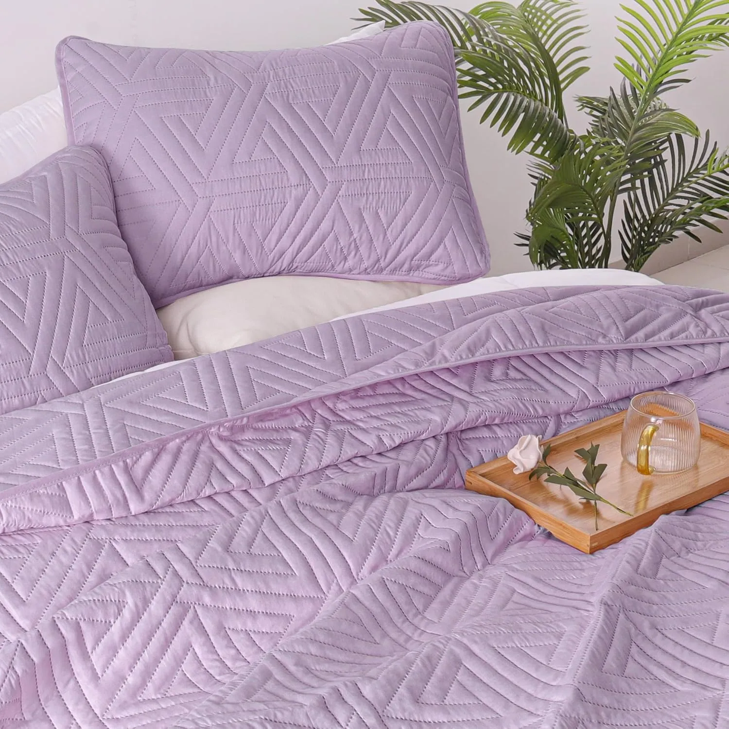 Whale Flotilla Soft Queen Size Quilt Set for All Seasons, 3-Piece Ultrasonic Geometric Quilts Bedding Set, Lightweight Reversible Bedspread, Coverlet, Bed Cover with 2 Pillow Shams, Light Purple