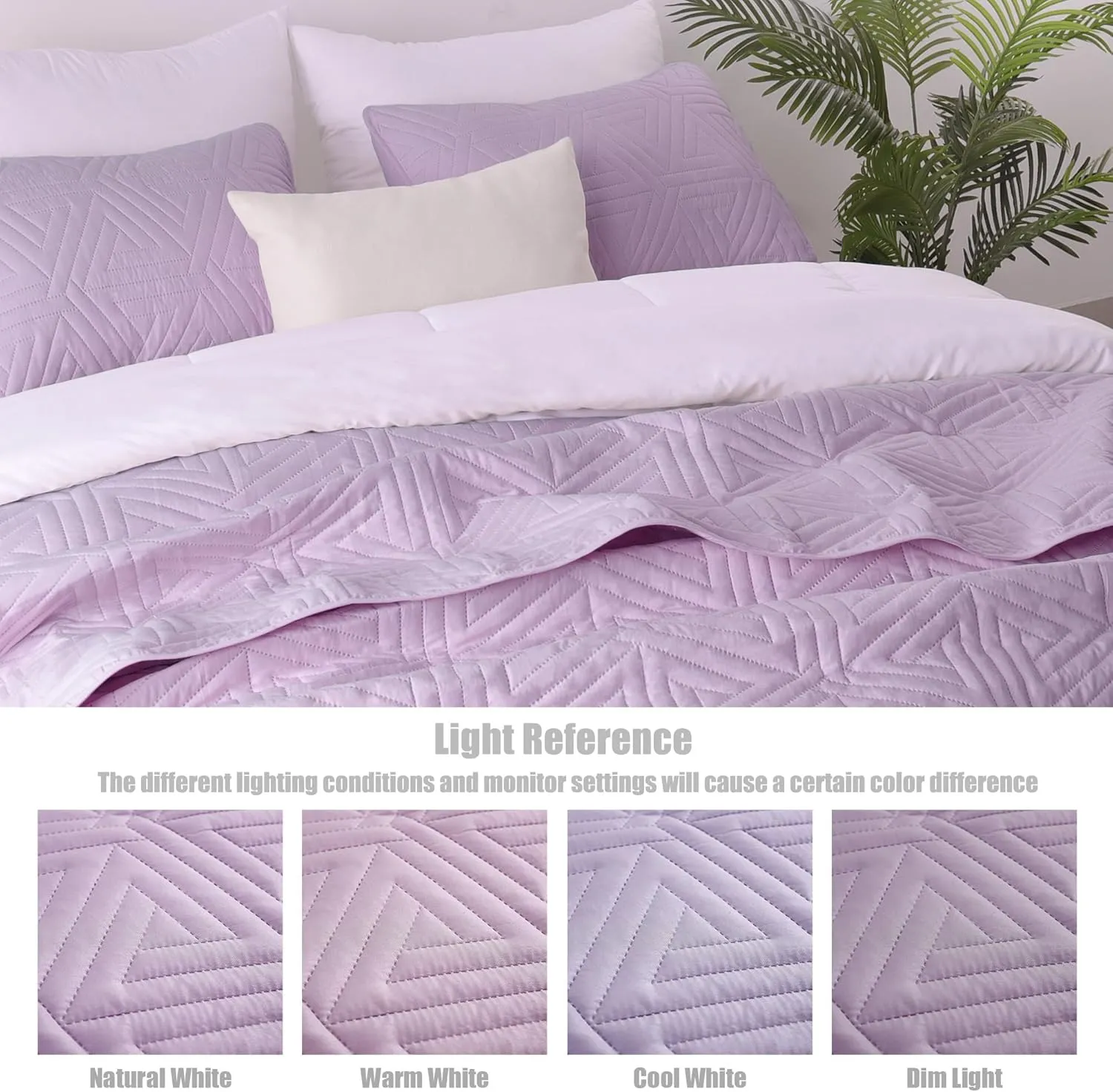 Whale Flotilla Soft Queen Size Quilt Set for All Seasons, 3-Piece Ultrasonic Geometric Quilts Bedding Set, Lightweight Reversible Bedspread, Coverlet, Bed Cover with 2 Pillow Shams, Light Purple