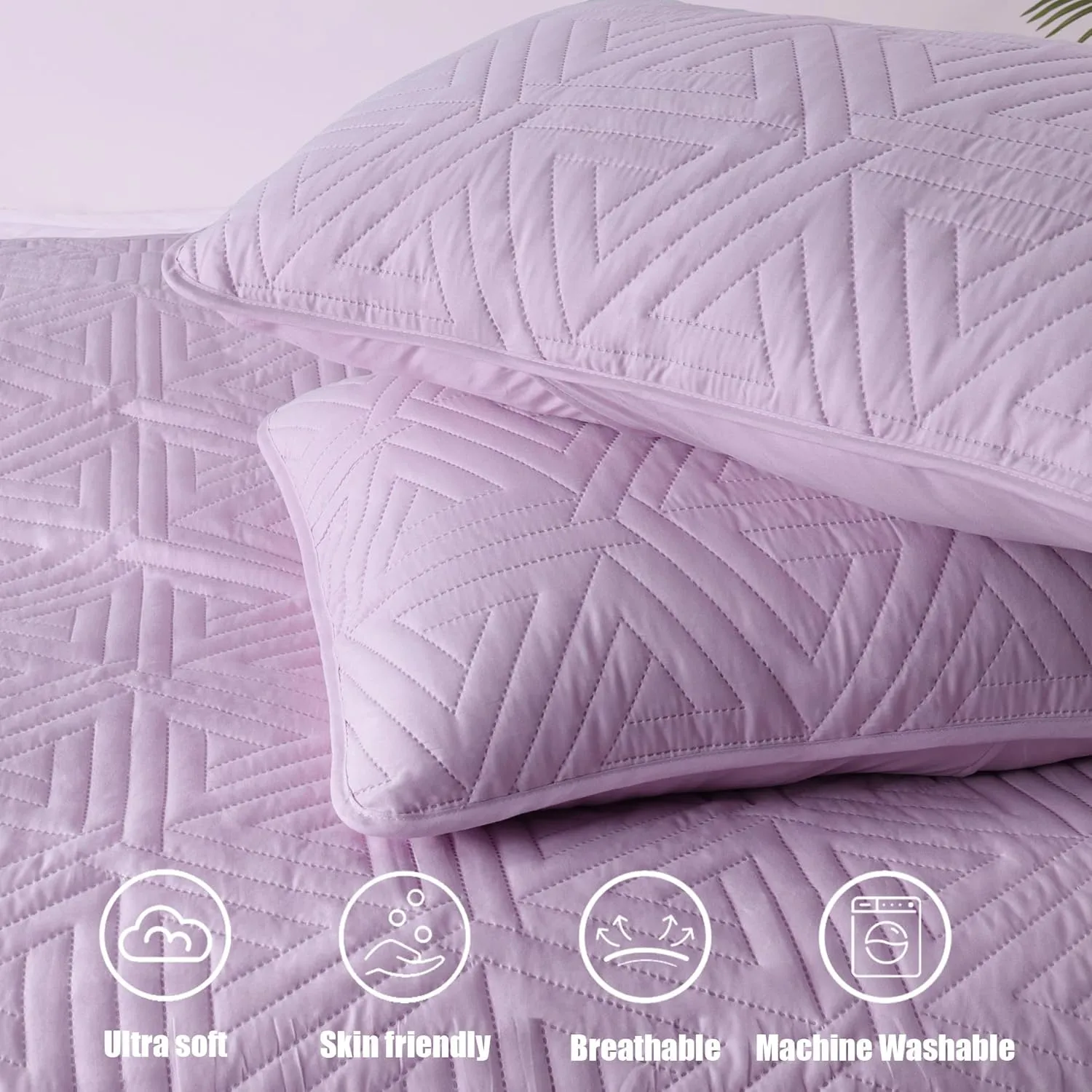 Whale Flotilla Soft Queen Size Quilt Set for All Seasons, 3-Piece Ultrasonic Geometric Quilts Bedding Set, Lightweight Reversible Bedspread, Coverlet, Bed Cover with 2 Pillow Shams, Light Purple