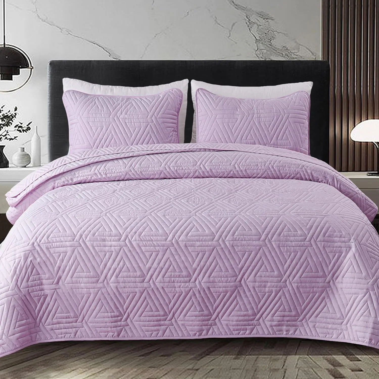 Whale Flotilla Soft Queen Size Quilt Set for All Seasons, 3-Piece Ultrasonic Geometric Quilts Bedding Set, Lightweight Reversible Bedspread, Coverlet, Bed Cover with 2 Pillow Shams, Light Purple