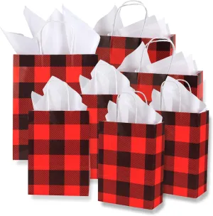 Whaline 24 Pack Christmas Buffalo Plaid Bags with 24 Sheets 20 x 20 White Tissue Paper, Red and Black Kraft Paper Bags Gift Wrapping Set for Holiday Party, Wedding and Gift Giving