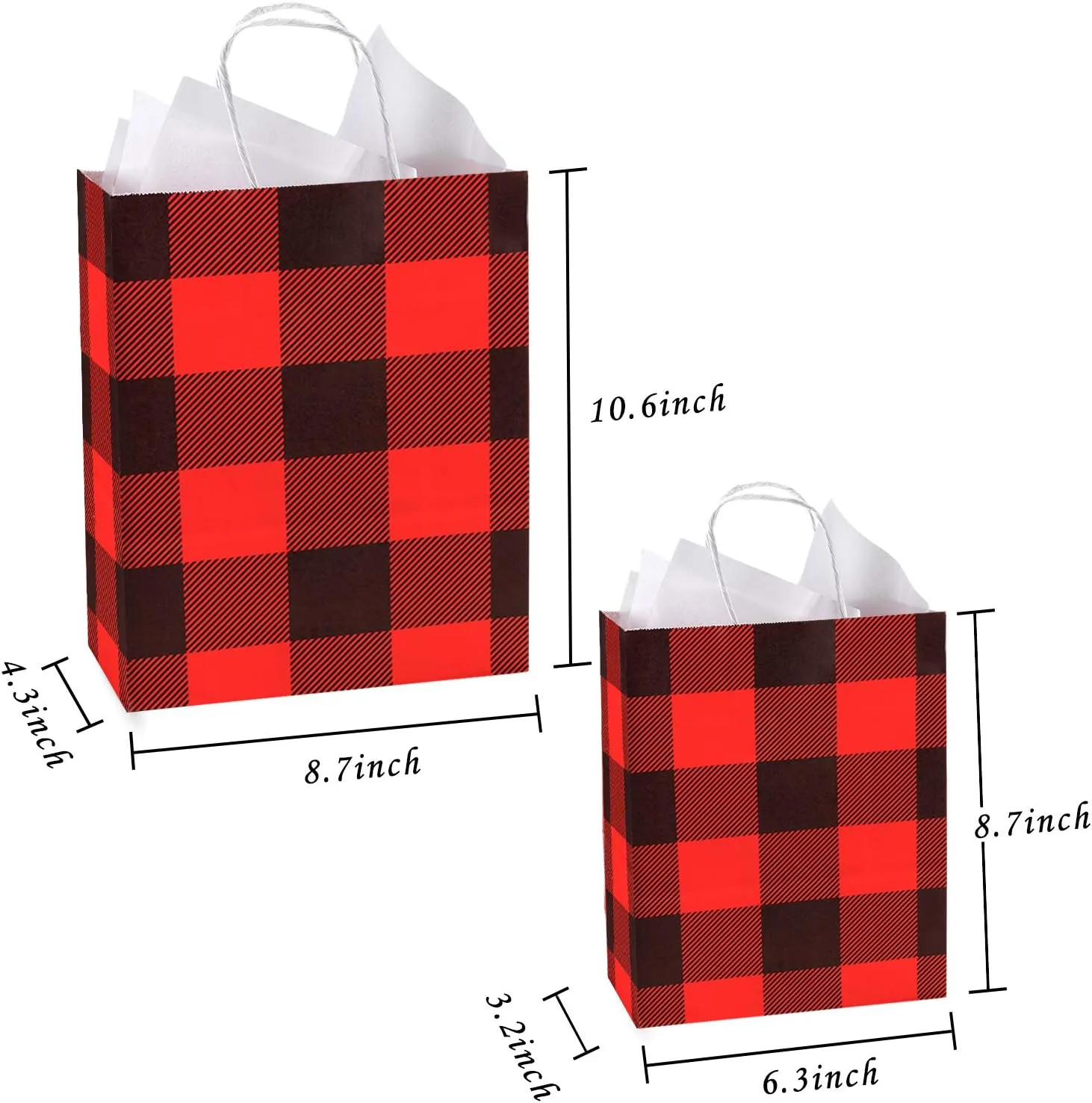 Whaline 24 Pack Christmas Buffalo Plaid Bags with 24 Sheets 20 x 20 White Tissue Paper, Red and Black Kraft Paper Bags Gift Wrapping Set for Holiday Party, Wedding and Gift Giving