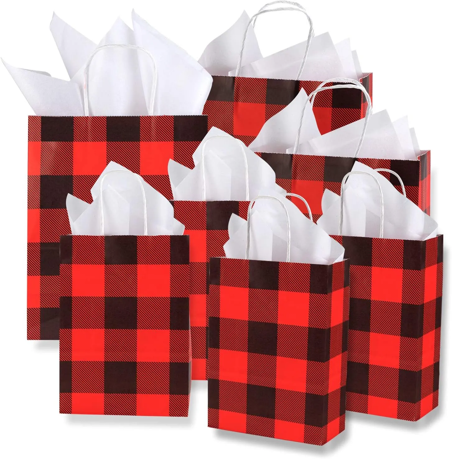 Whaline 24 Pack Christmas Buffalo Plaid Bags with 24 Sheets 20 x 20 White Tissue Paper, Red and Black Kraft Paper Bags Gift Wrapping Set for Holiday Party, Wedding and Gift Giving