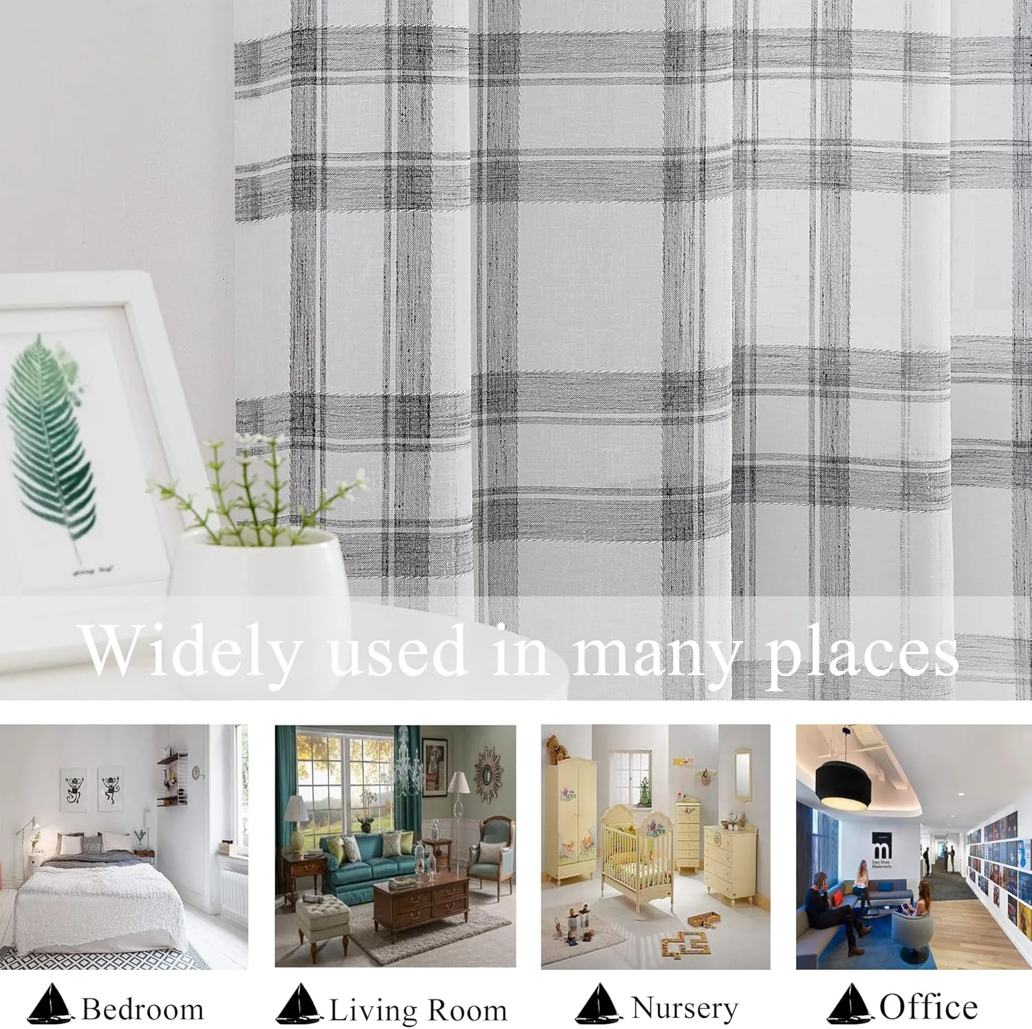 White Black Geometric Window Curtain Panel Pairs 84" Long for Living Room Linen Blend Semi Sheers Grommets Top Rustic Farmhouse Style Window Treatment Drape Sets for Bedroom 54"x84"x2, Balck/White