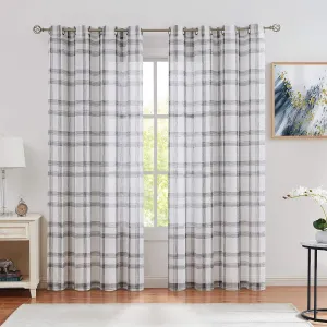 White Black Geometric Window Curtain Panel Pairs 84" Long for Living Room Linen Blend Semi Sheers Grommets Top Rustic Farmhouse Style Window Treatment Drape Sets for Bedroom 54"x84"x2, Balck/White