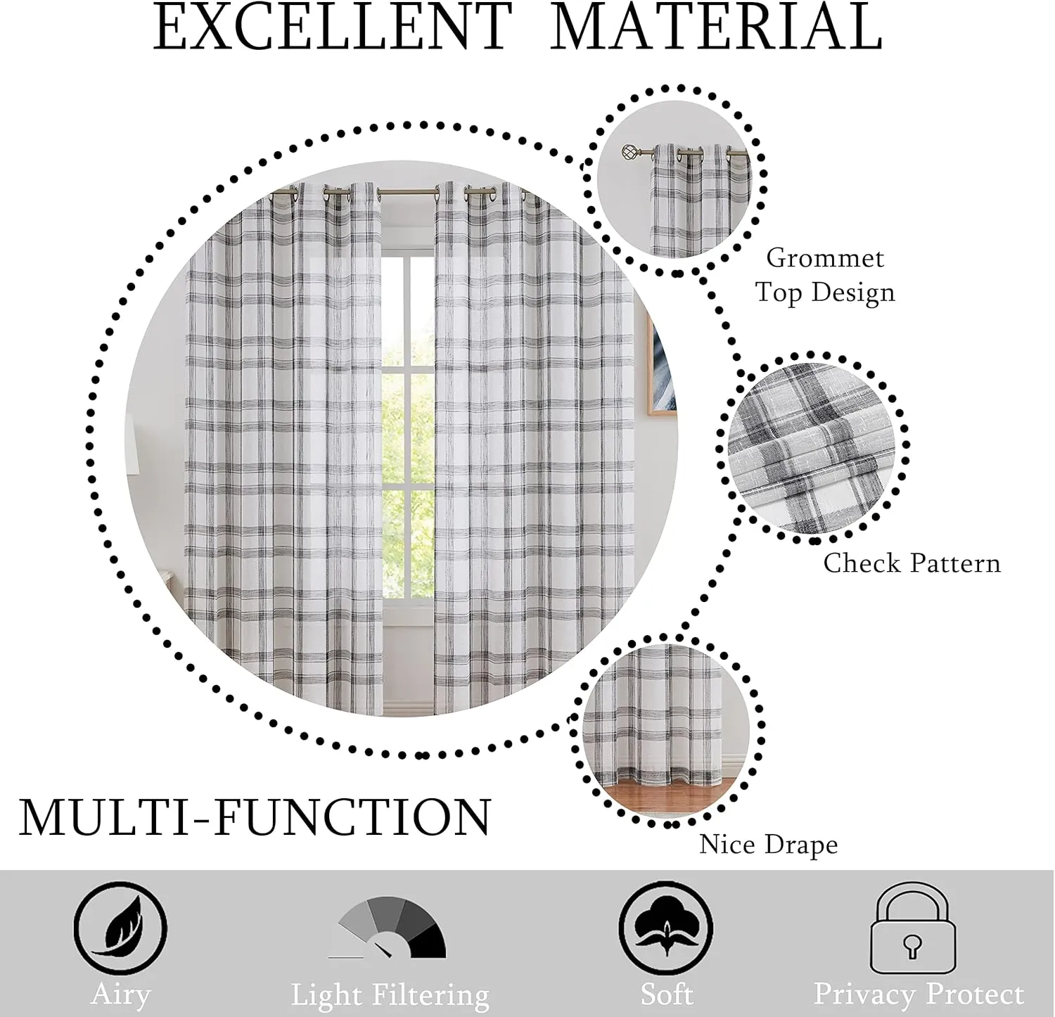 White Black Geometric Window Curtain Panel Pairs 84" Long for Living Room Linen Blend Semi Sheers Grommets Top Rustic Farmhouse Style Window Treatment Drape Sets for Bedroom 54"x84"x2, Balck/White
