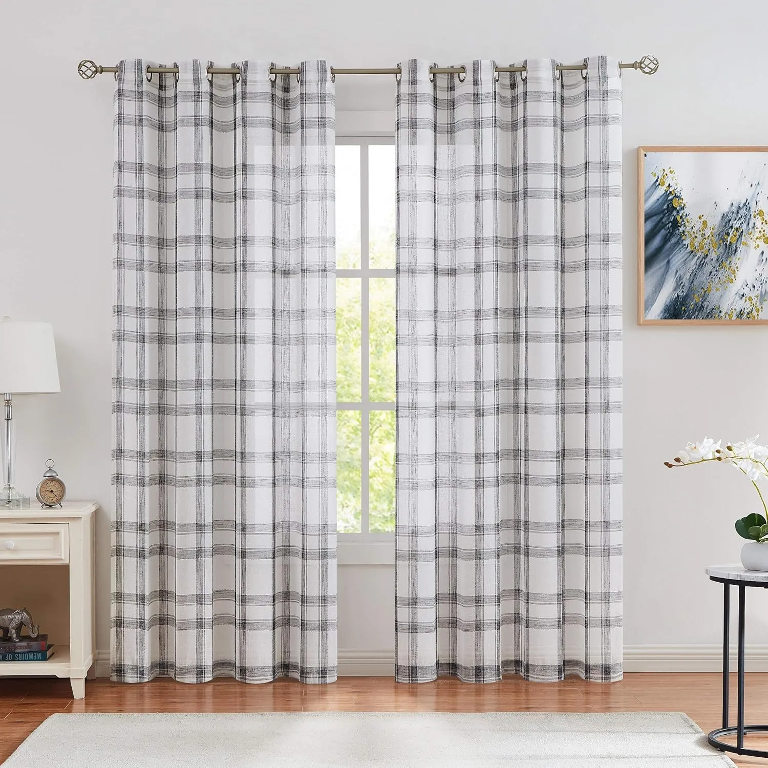 White Black Geometric Window Curtain Panel Pairs 84" Long for Living Room Linen Blend Semi Sheers Grommets Top Rustic Farmhouse Style Window Treatment Drape Sets for Bedroom 54"x84"x2, Balck/White