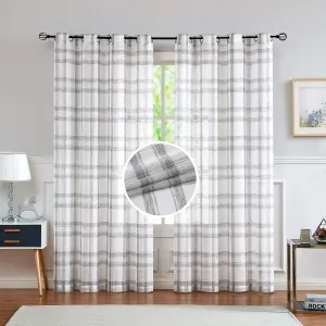 White Grey Geometric Window Curtain Panel Pairs 84" Long for Living Room Linen Blend Semi Sheers Grommets Top Rustic Farmhouse Style Window Treatment Drape Sets for Bedroom 54"x84"x2, Grey/White