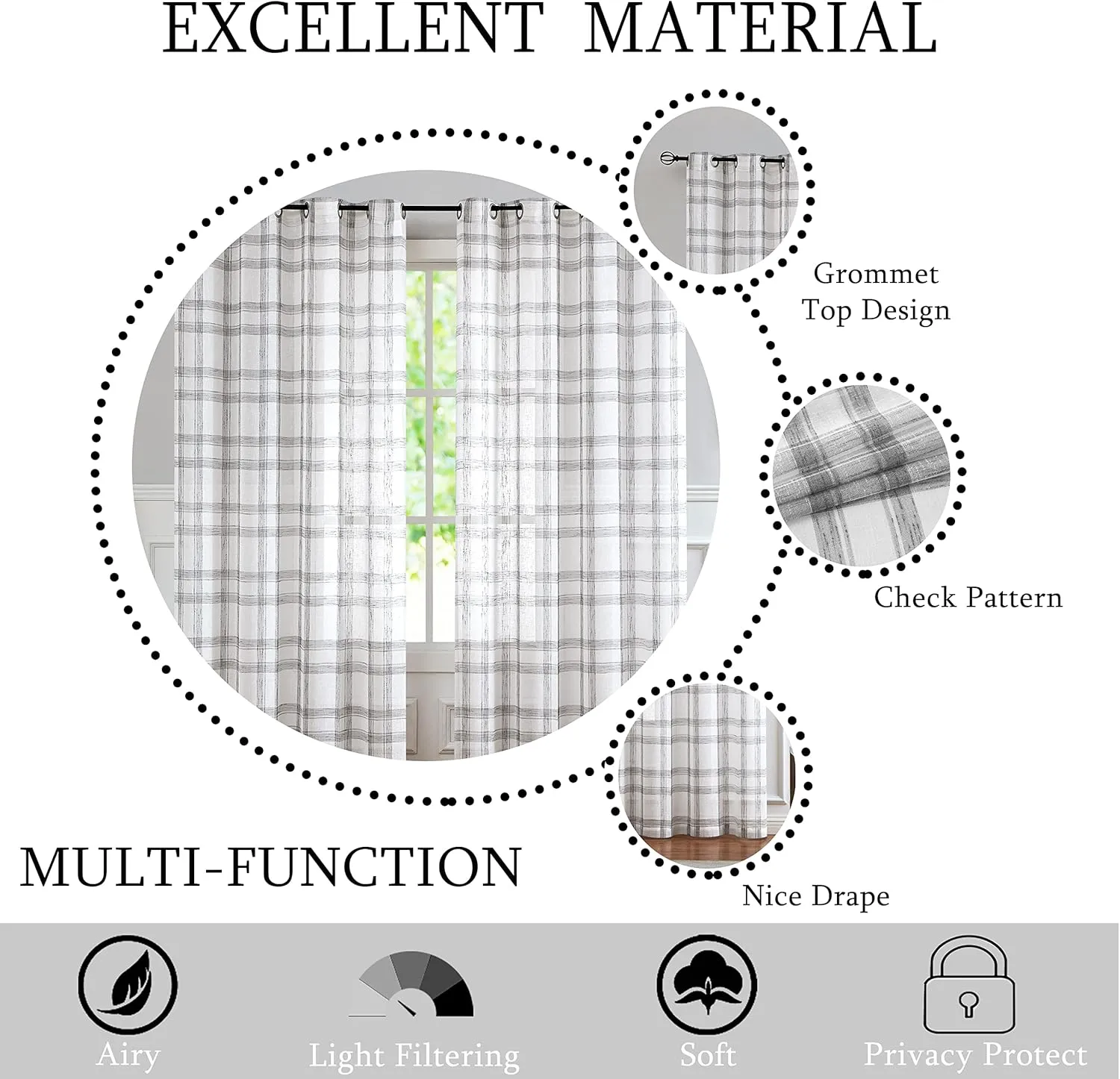 White Grey Geometric Window Curtain Panel Pairs 84" Long for Living Room Linen Blend Semi Sheers Grommets Top Rustic Farmhouse Style Window Treatment Drape Sets for Bedroom 54"x84"x2, Grey/White