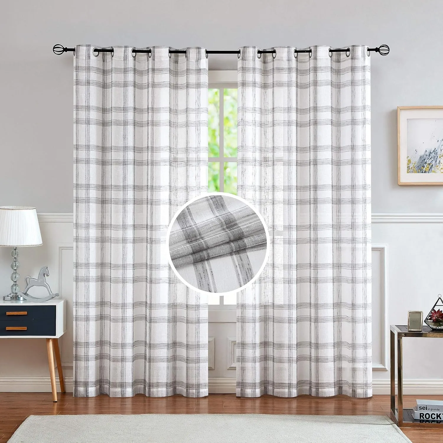 White Grey Geometric Window Curtain Panel Pairs 84" Long for Living Room Linen Blend Semi Sheers Grommets Top Rustic Farmhouse Style Window Treatment Drape Sets for Bedroom 54"x84"x2, Grey/White