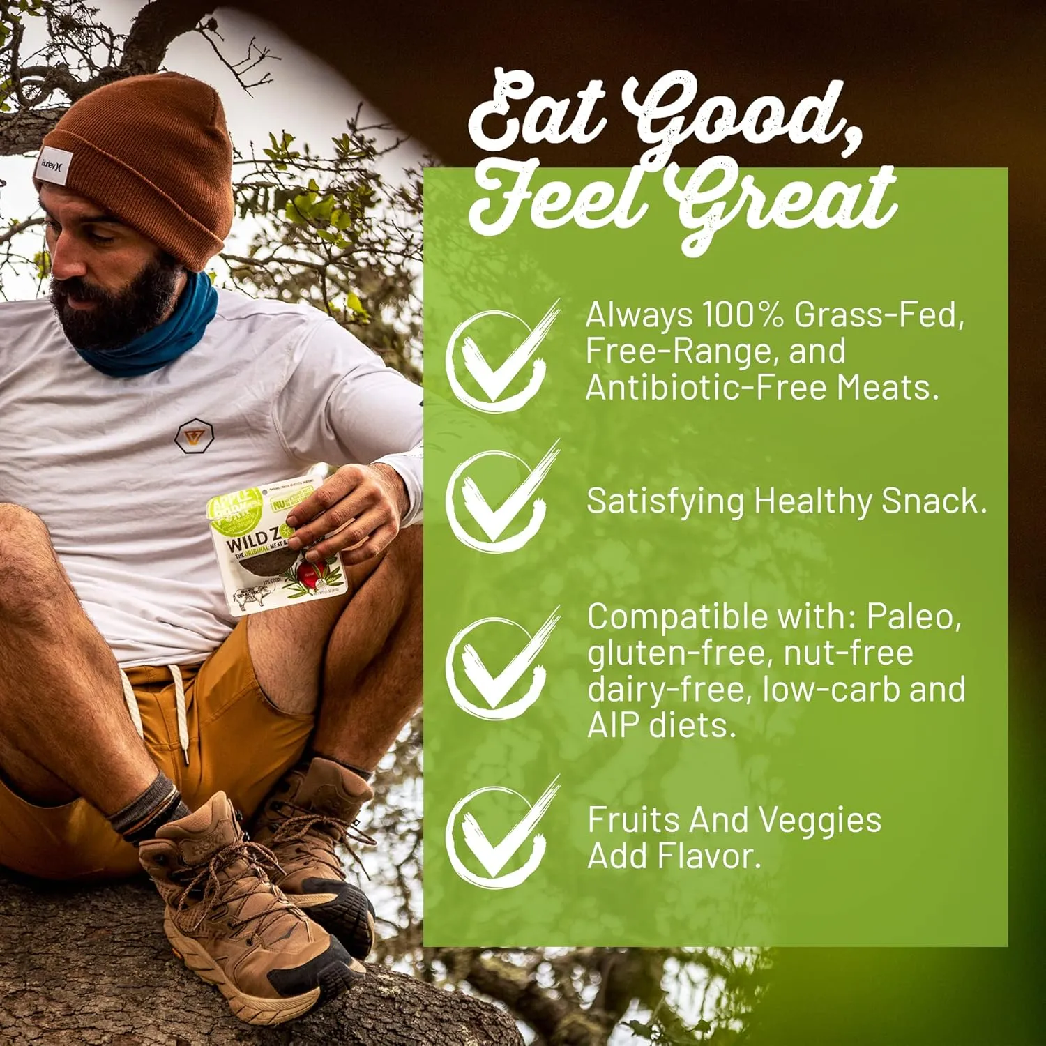 Wild Zora Meat & Veggie Bars, BBQ Beef, 10-Pack, 100% Grass Fed Beef, Healthy Jerky Paleo Snacks with Veggies, Gluten Free, Soy Free, High Protein, No Added Sweetener, Beef Jerky Snack Packs