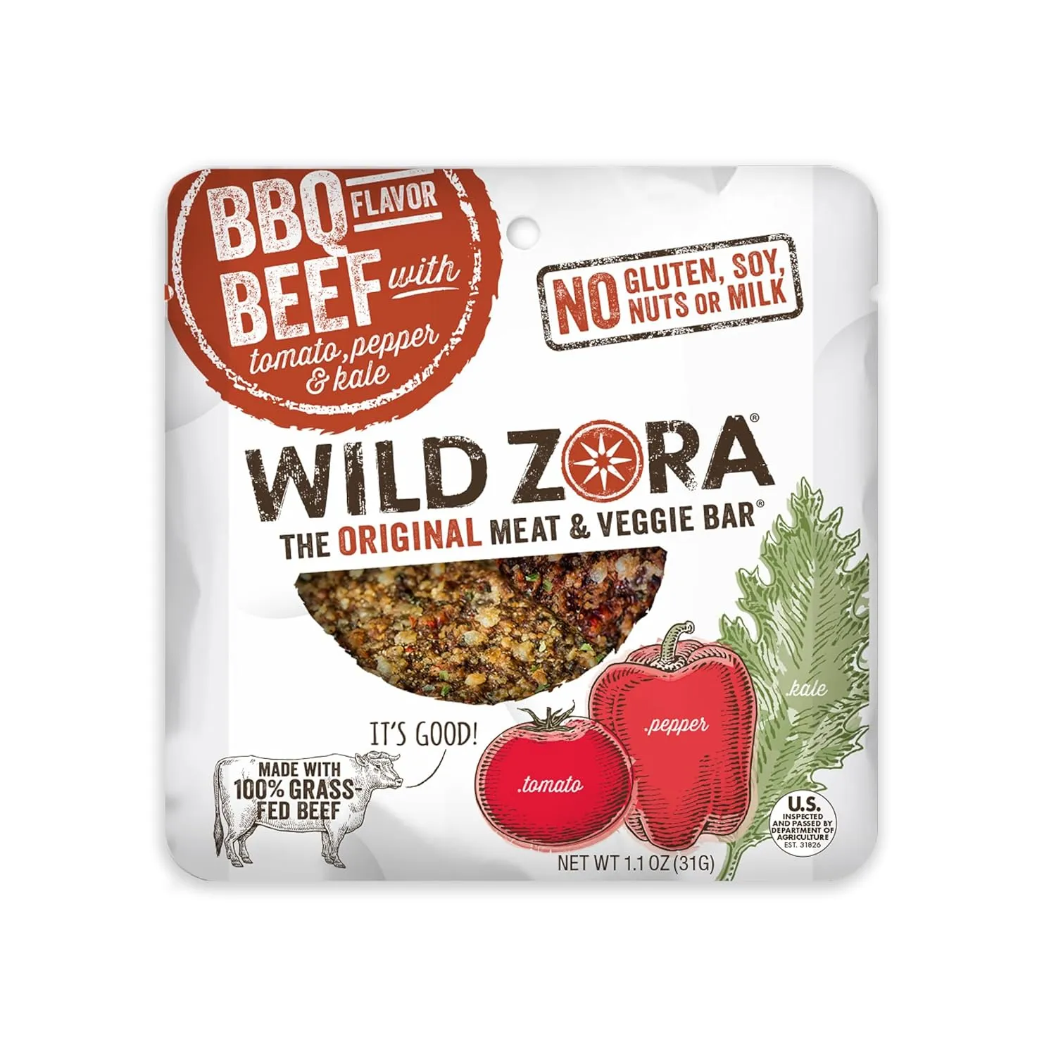 Wild Zora Meat & Veggie Bars, BBQ Beef, 10-Pack, 100% Grass Fed Beef, Healthy Jerky Paleo Snacks with Veggies, Gluten Free, Soy Free, High Protein, No Added Sweetener, Beef Jerky Snack Packs
