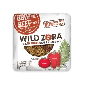 Wild Zora Meat & Veggie Bars, BBQ Beef, 10-Pack, 100% Grass Fed Beef, Healthy Jerky Paleo Snacks with Veggies, Gluten Free, Soy Free, High Protein, No Added Sweetener, Beef Jerky Snack Packs