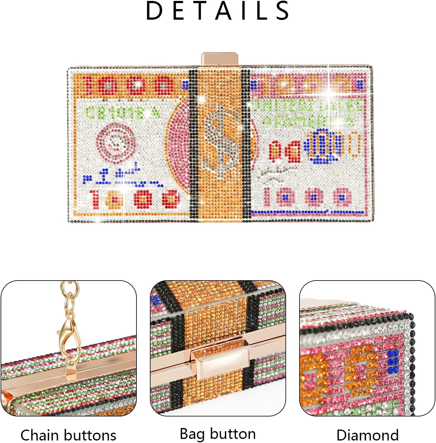 WJCD Money Clutch Purses Rhinestone Crossbody Purse Unique Evening Clutch Handbag Shoulder Bag Money Purses Crossbody Bag