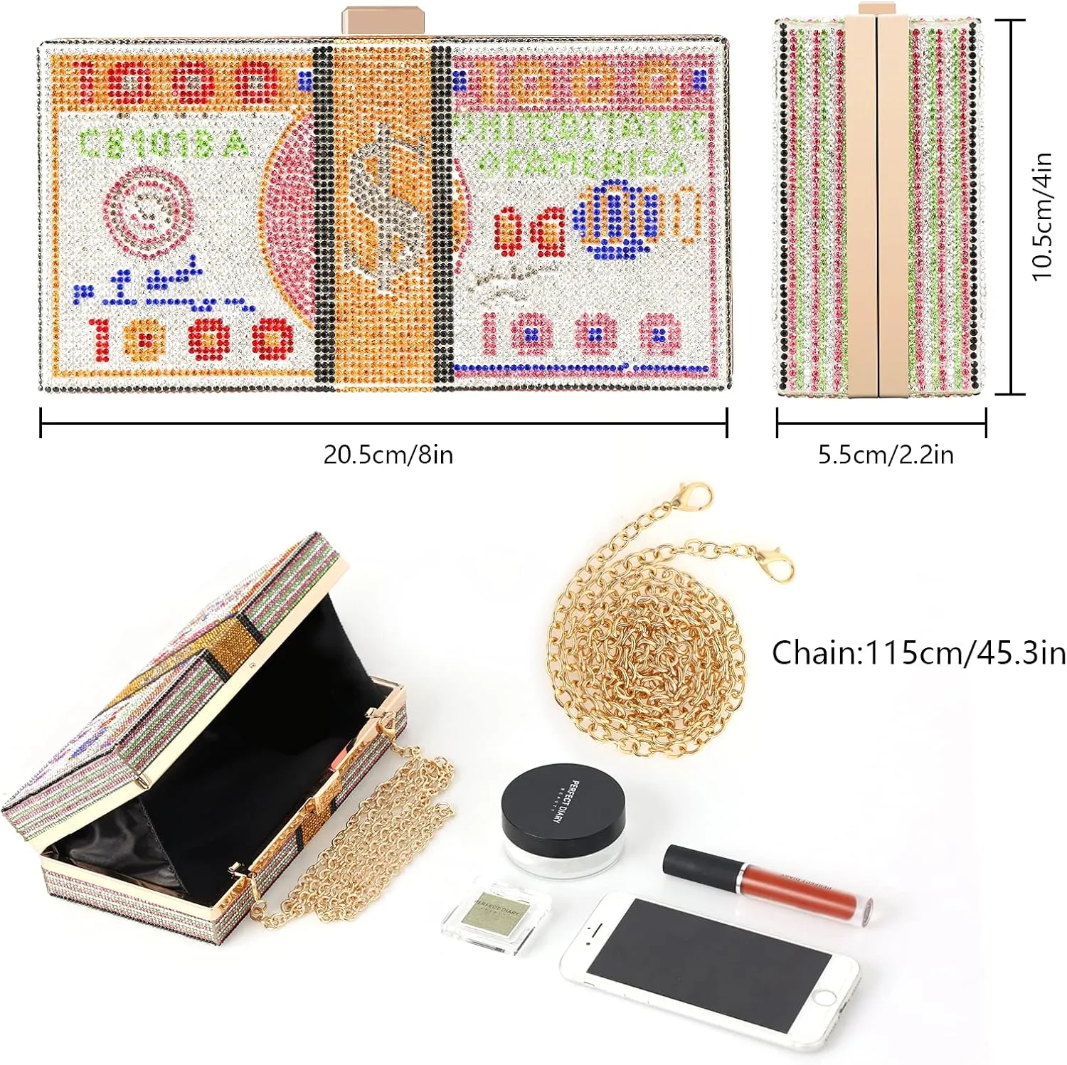 WJCD Money Clutch Purses Rhinestone Crossbody Purse Unique Evening Clutch Handbag Shoulder Bag Money Purses Crossbody Bag