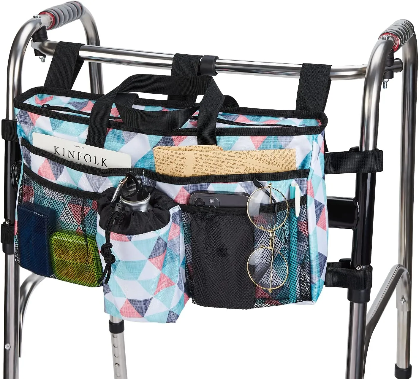 WLLWOO WLLWOO Walker Baskets for Folding Walker with Cup Holder Walker Storage Bag Hand Free Walker Organizer for Rollator, Wheelchair, Folding Walkers(Geometric)