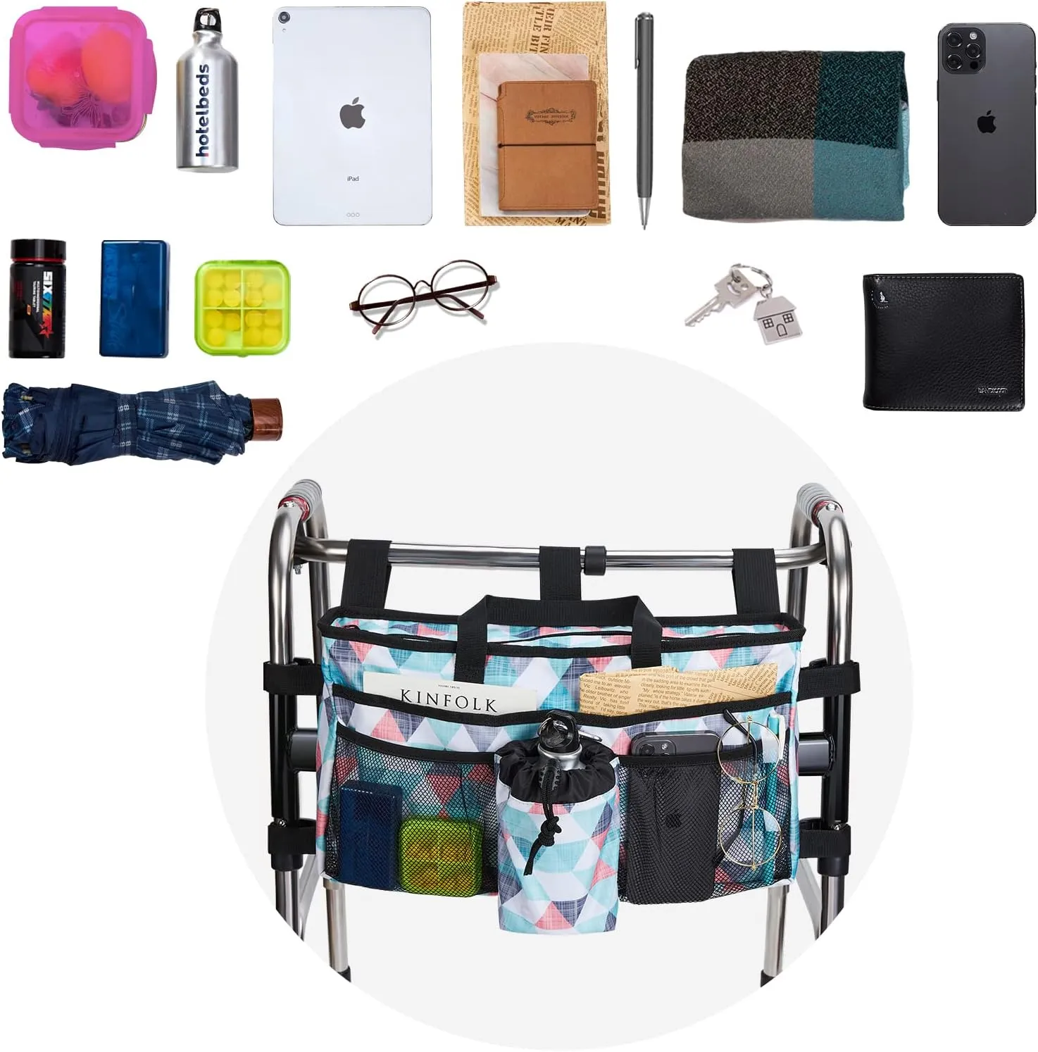 WLLWOO WLLWOO Walker Baskets for Folding Walker with Cup Holder Walker Storage Bag Hand Free Walker Organizer for Rollator, Wheelchair, Folding Walkers(Geometric)