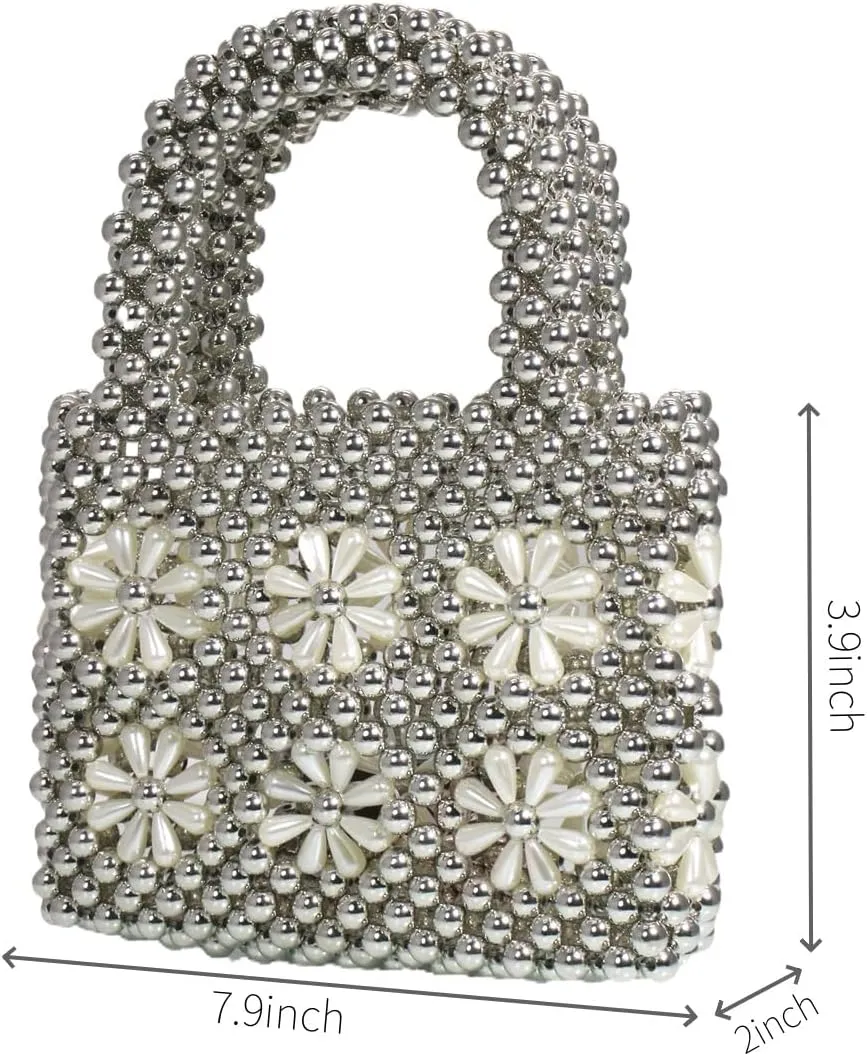 Women Beaded Handbags Elegant Handmade Weave Purse Crystal Pearl String Tote Bags for Banquet Wedding Cocktail