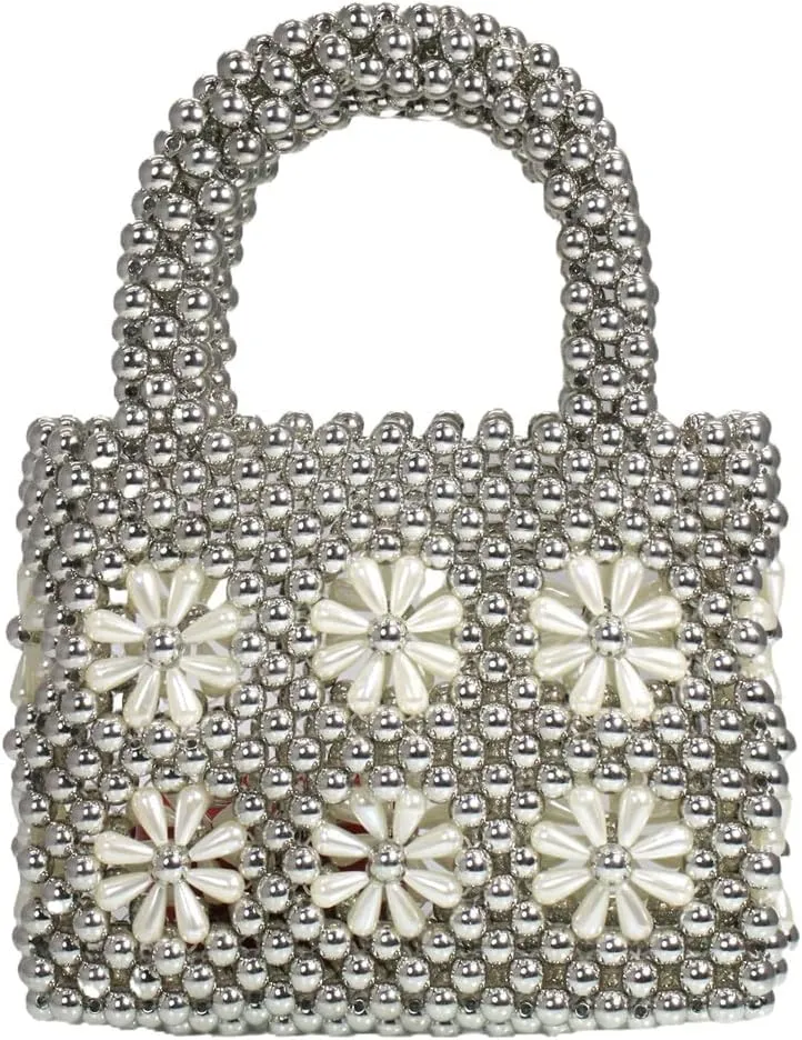 Women Beaded Handbags Elegant Handmade Weave Purse Crystal Pearl String Tote Bags for Banquet Wedding Cocktail
