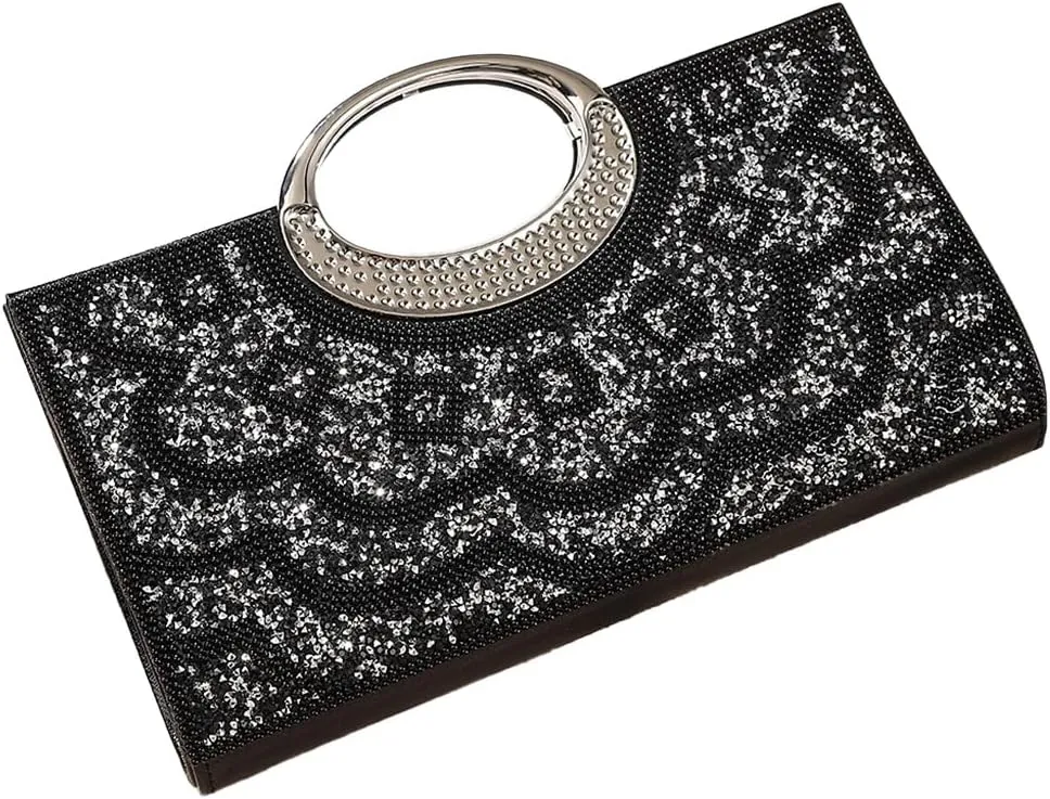 Women Geometric Patterns Top Handle Bag Bling Crystals Evening Bag with Detachable Chain for Formal Dinner