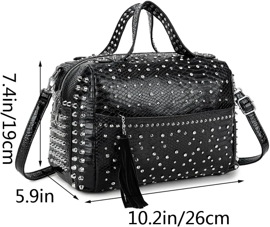 Women Rivet Top-handle Satchel PU Tote Purse Snake Pattern Shoulder Bags Handbag