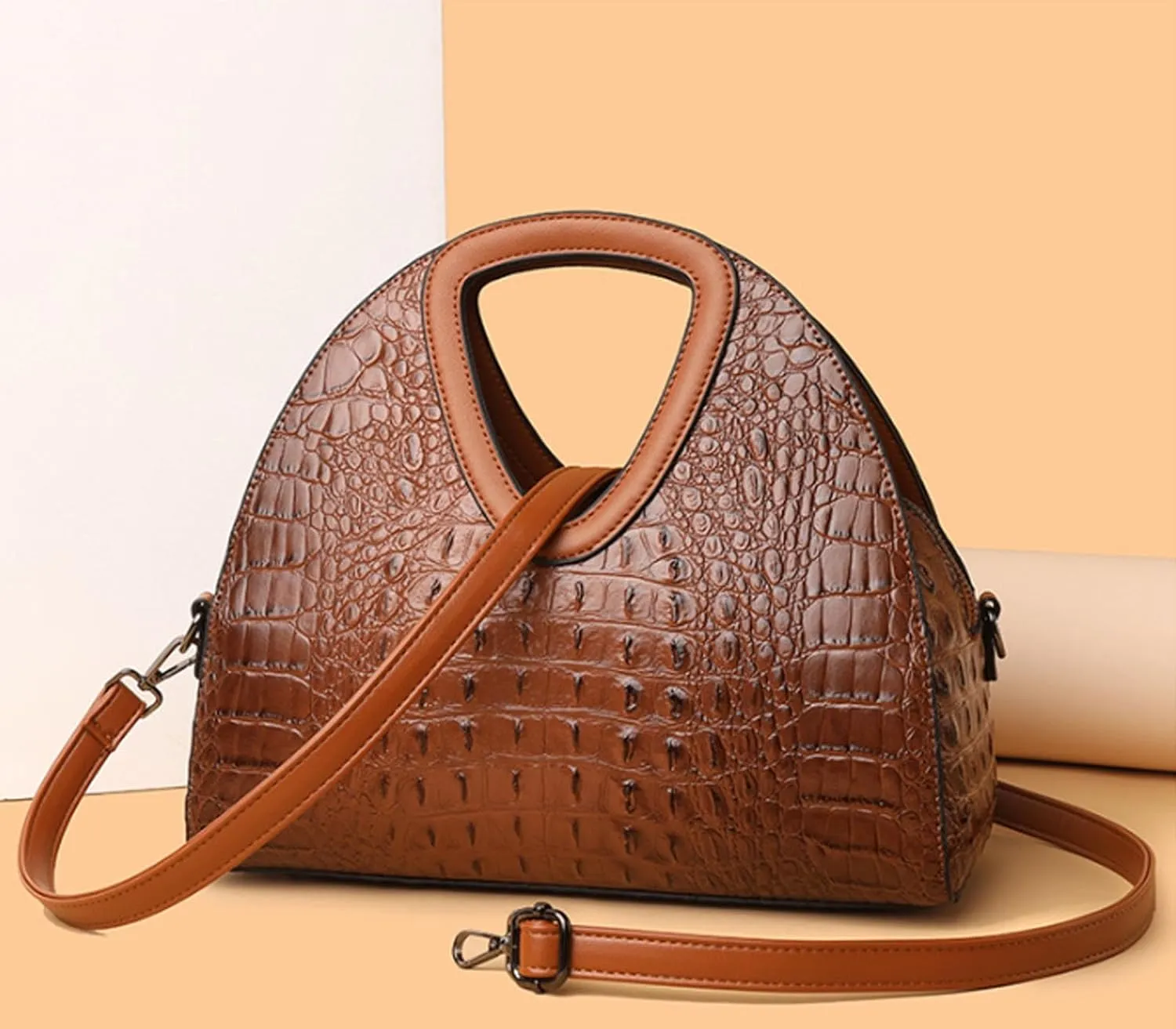 Women Top-handle Purse Satchel PU Shell Handbag Crocodile Pattern Embossing Shoulder Bag