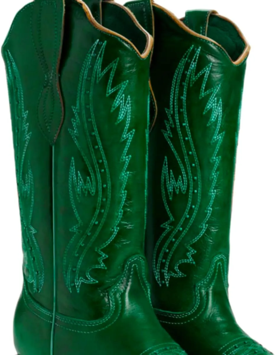 Women Vintage Embroidered Cowboy Boots Knee High Western Boots Chunky Stacked Heel Square Pointed Toe Mid Calf Cowgirl Boots Metallic Matte Pull On V Cut Fall Boot Exotic 4-11 M US