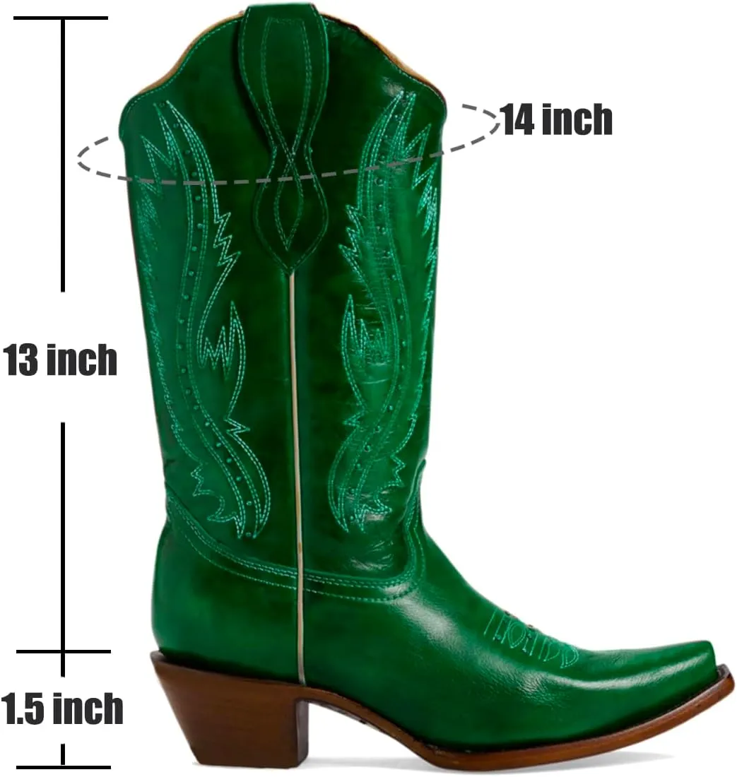 Women Vintage Embroidered Cowboy Boots Knee High Western Boots Chunky Stacked Heel Square Pointed Toe Mid Calf Cowgirl Boots Metallic Matte Pull On V Cut Fall Boot Exotic 4-11 M US