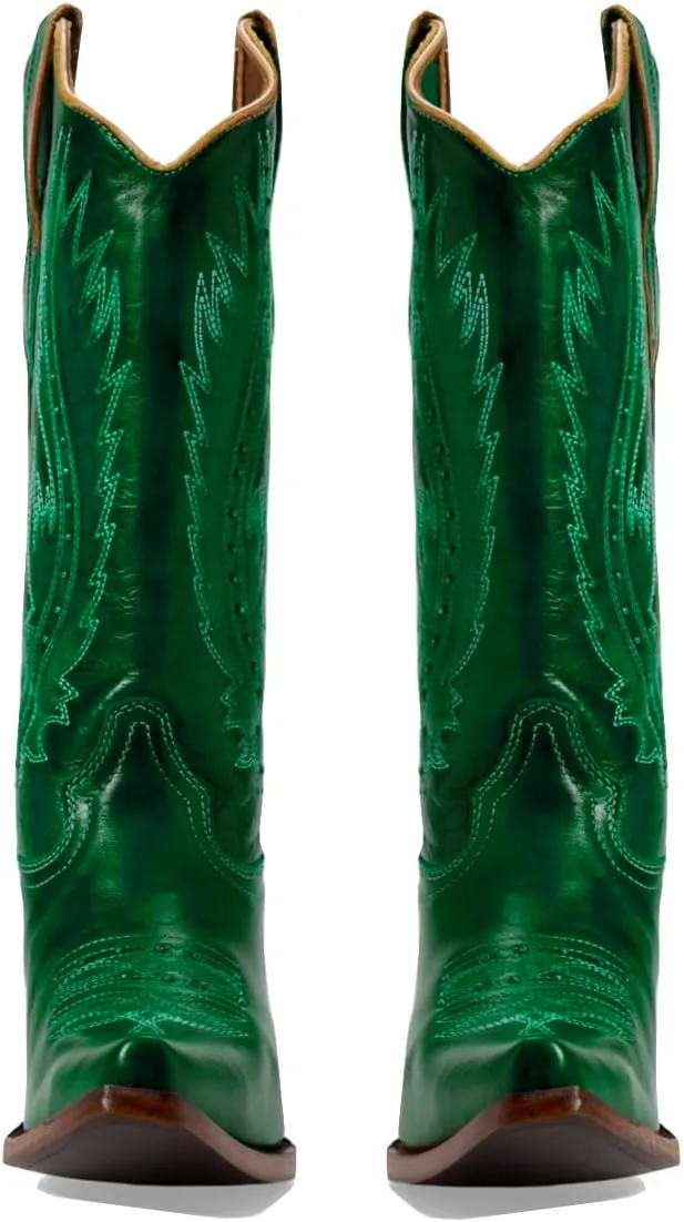 Women Vintage Embroidered Cowboy Boots Knee High Western Boots Chunky Stacked Heel Square Pointed Toe Mid Calf Cowgirl Boots Metallic Matte Pull On V Cut Fall Boot Exotic 4-11 M US