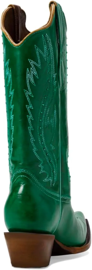 Women Vintage Embroidered Cowboy Boots Knee High Western Boots Chunky Stacked Heel Square Pointed Toe Mid Calf Cowgirl Boots Metallic Matte Pull On V Cut Fall Boot Exotic 4-11 M US
