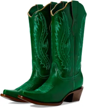 Women Vintage Embroidered Cowboy Boots Knee High Western Boots Chunky Stacked Heel Square Pointed Toe Mid Calf Cowgirl Boots Metallic Matte Pull On V Cut Fall Boot Exotic 4-11 M US