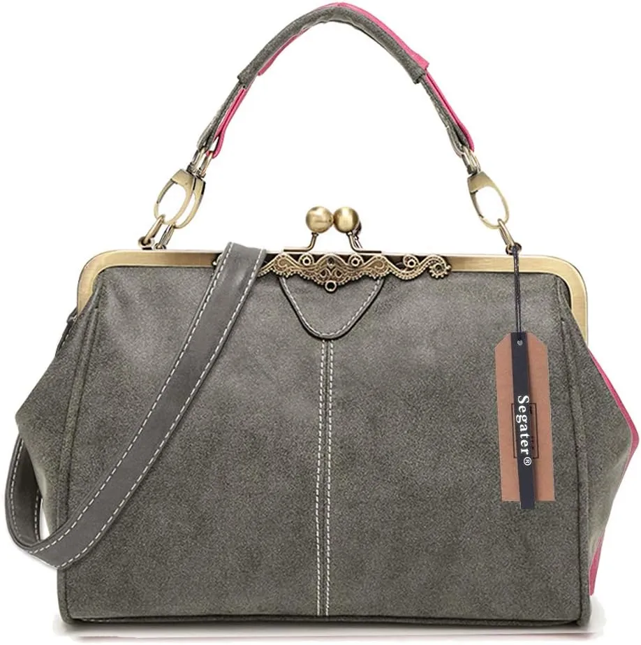 Women Vintage Small Retro Handbags Kiss Lock Crossbody Purse Frosted Leather Messenger Bag Tote