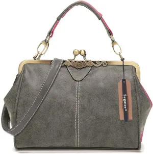 Women Vintage Small Retro Handbags Kiss Lock Crossbody Purse Frosted Leather Messenger Bag Tote