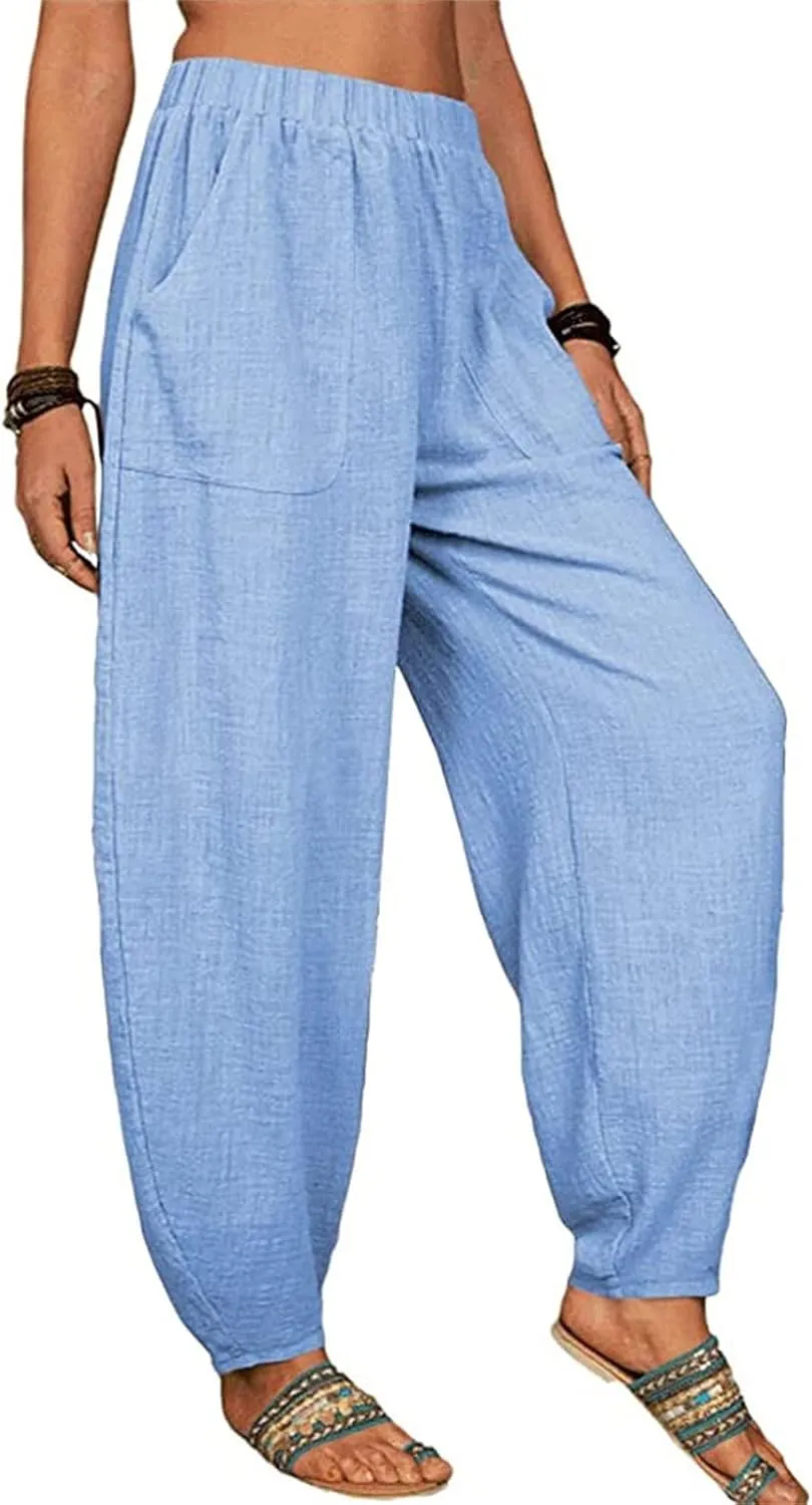 Women Wide Leg Linen Pants 2025 Summer Casual High Waisted Palazzo Pant Loose Ruched Trouser with Pocket
