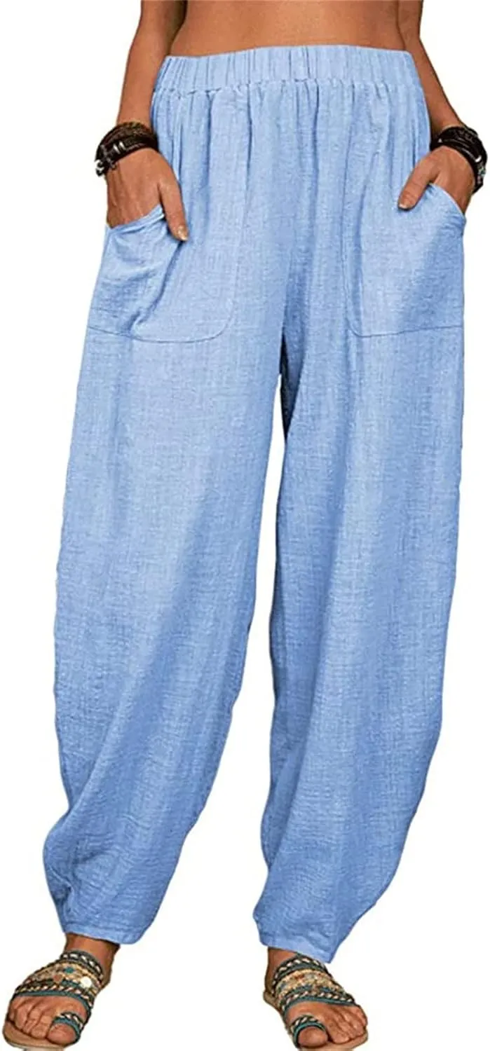 Women Wide Leg Linen Pants 2025 Summer Casual High Waisted Palazzo Pant Loose Ruched Trouser with Pocket