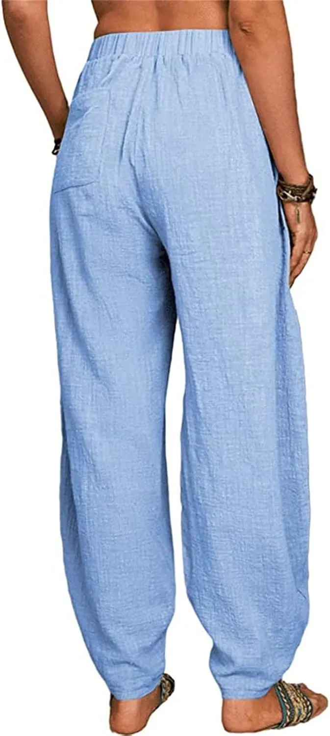 Women Wide Leg Linen Pants 2025 Summer Casual High Waisted Palazzo Pant Loose Ruched Trouser with Pocket